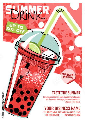 Summer Poster With Watermelon Bubble Tea In A Plastic Cup, Lime And Straw In Doodle Style. Flat Vector Illustration For Print Poster, Flyer And Advertisement For Cafe, Beach Bar And Juice Bar.