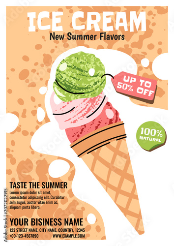 Summer Poster With Ice Cream Scoops In Waffle Cone In Doodle Style. Flat Vector Illustration For Print Poster, Flyer And Advertisement For Cafe, Beach Bar And Ice Cream Shop