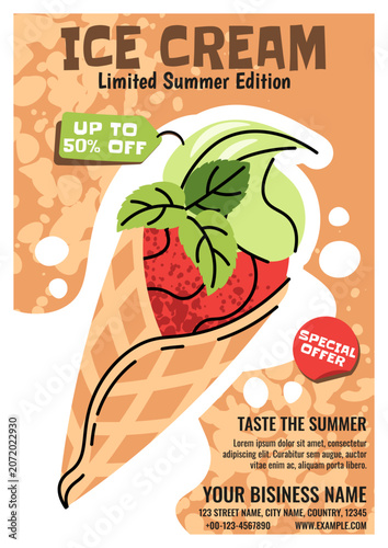 Summer Poster With Watermelon And Mint Ice Cream In A Waffle Cone In Doodle Style. Flat Vector Illustration For Print Poster, Flyer And Advertisement For Cafe, Beach Bar And Ice Cream Shop