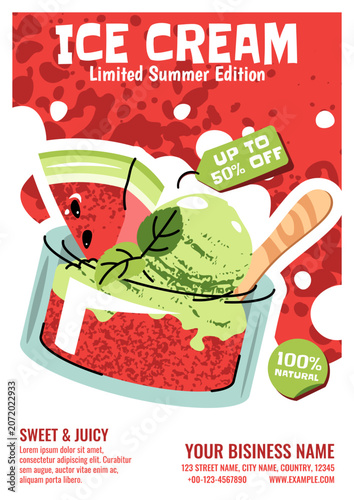 Summer Poster With Watermelon Ice Cream In A Cup In Doodle Style. Flat Vector Illustration For Print Poster, Flyer And Advertisement For Cafe, Beach Bar And Ice Cream Shop