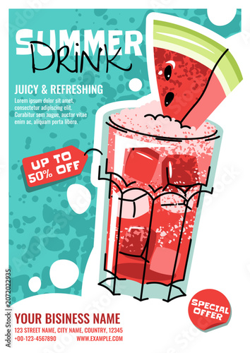 Summer Poster With Watermelon Cocktail In A Glass, Ice Cubes And Fruit Slice In Doodle Style. Flat Vector Illustration For Print Poster, Flyer And Advertisement For Cafe, Beach Bar And Juice Bar