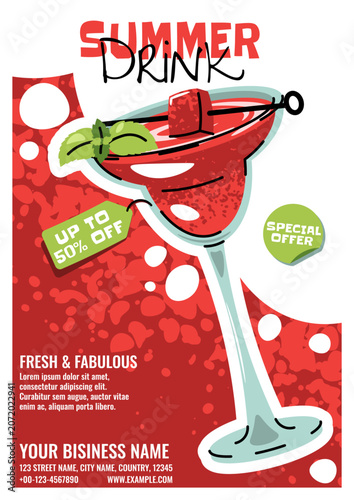 Summer Poster With Watermelon Cocktail In A Martini Glass, Mint And Ice Cube In Doodle Style. Flat Vector Illustration For Print Poster, Flyer And Advertisement For Cafe, Beach Bar And Cocktail Bar