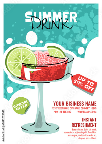Summer Poster With Watermelon Frozen Cocktail In A Margarita Glass And Lime Slices In Doodle Style. Flat Vector Illustration For Print Poster, Flyer And Advertisement For Cafe, Beach Bar And Juice Bar