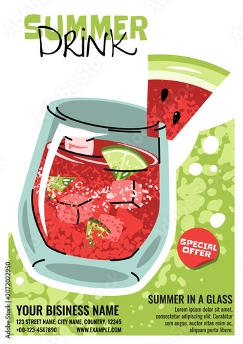 Summer Poster With Watermelon Cocktail In A Glass, Lime And Ice Cubes In Doodle Style. Flat Vector Illustration For Print Poster, Flyer And Advertisement For Cafe, Beach Bar And Juice Bar