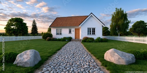 White house with pebble path and green lawn