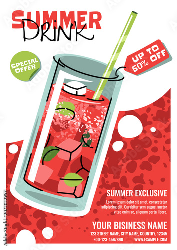 Summer Poster With Watermelon Cocktail In A Tall Glass, Mint And Straw In Doodle Style. Flat Vector Illustration For Print Poster, Flyer And Advertisement For Cafe, Beach Bar And Juice Bar