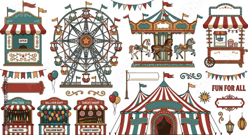 Foto Vintage Amusement Park and Vintage Carnival Circus Vector Element Set with Ferri