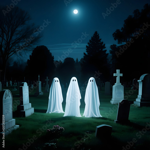 Three ghost figures standing in graveyard under full moonlight  