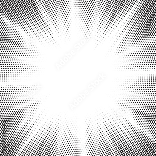 Halftone gradient sunray pattern. Abstract halftone dot background. Monochrome dotted design. Vector backdrop featuring sunburst rays and halftone dots. Comic book style with sunburst effects and half
