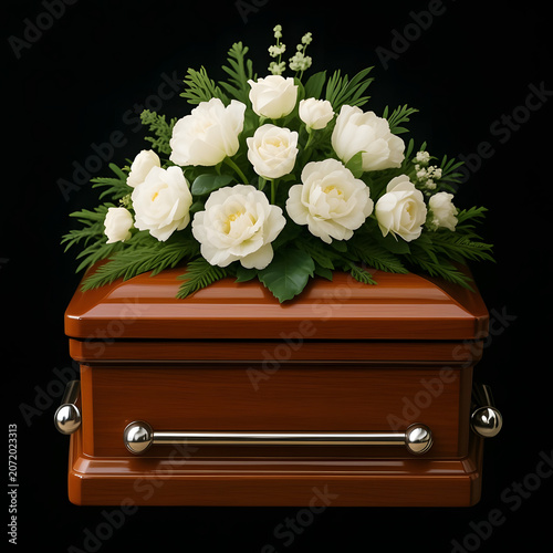 Wooden coffin with white roses and greenery on black background  