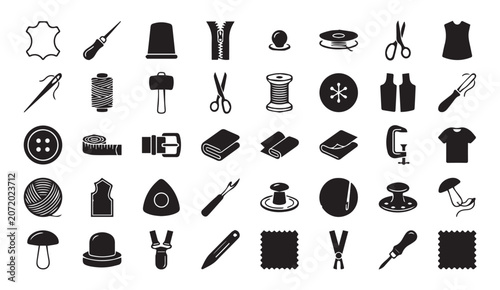Tableau sur toile Set of tailoring and sewing silhouette icons with sewing machine, tailoring