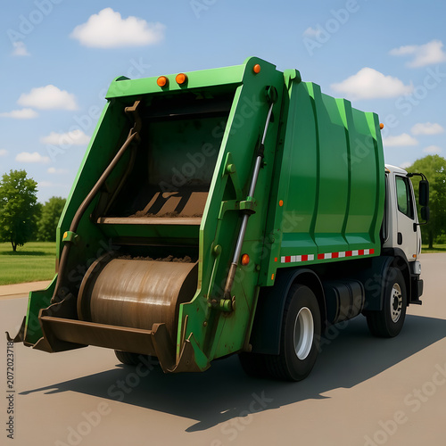 Green garbage truck driving on a road through park landscape  