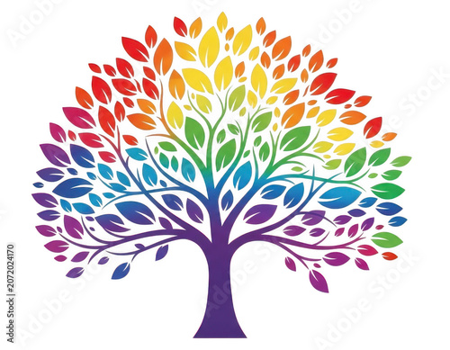vibrant multicolor hand drawn tree with rainbow leaves isolated on white background