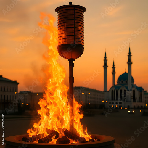 Flame burning in a decorative torch with mosque in sunset background  