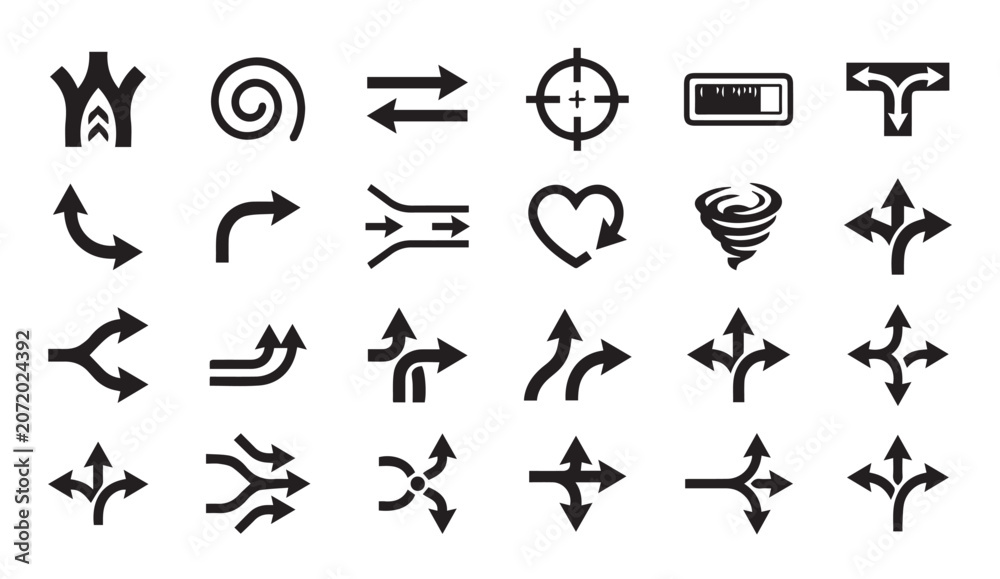 Fototapeta premium Diverse set of directional path and navigation symbols with direction, junction