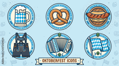 Set of Colorful Oktoberfest Celebration Icons Featuring Traditional Bavarian Elements Including Beer Mugs Pretzels and Festive Folk Apparel