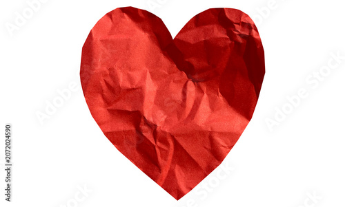 Quadro em tela Red heart shape crumpled paper, crumpled red heart, heart symbol made of paper