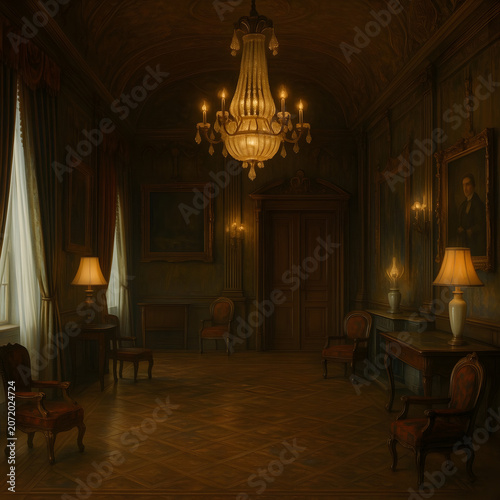 Elegant interior of historic room with chandelier and antique furniture  