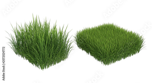 two lush green artificial grass clumps isolated on white background