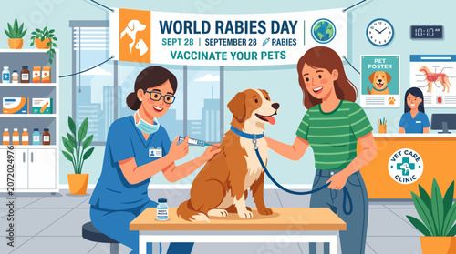 Professional Veterinarian Administering a Preventive Rabies Vaccine Injection to a Friendly Pet Dog at a Modern Animal Healthcare Clinic