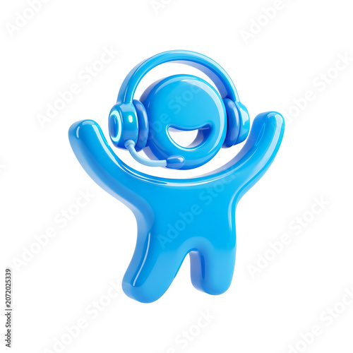3D Illustration of a Happy Blue Character Wearing Headset for Customer Service and Support Success