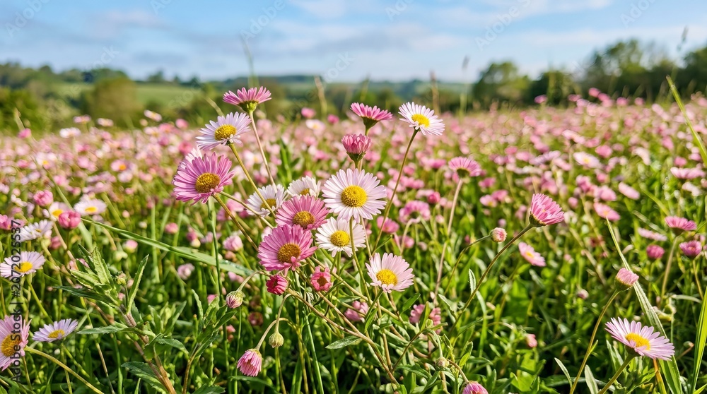 Fototapeta premium Vibrant pink wildflowers blooming in a lush green meadow under clear skies.