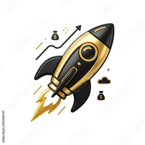 3D Rendering of a Black and Gold Rocket Launching for Business Growth and Financial Success Concept