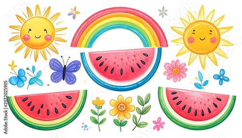 Colorful rainbow celebration with sun and floral elements.