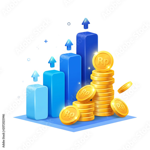 3D Business Growth Bar Chart with Upward Arrows and Stacks of Gold Indonesian Rupiah Coins Illustration