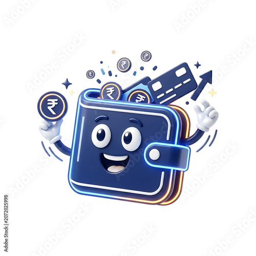 Cute 3D Wallet Character Mascot Holding Indian Rupee Coins and Credit Card for Fintech Growth Concept