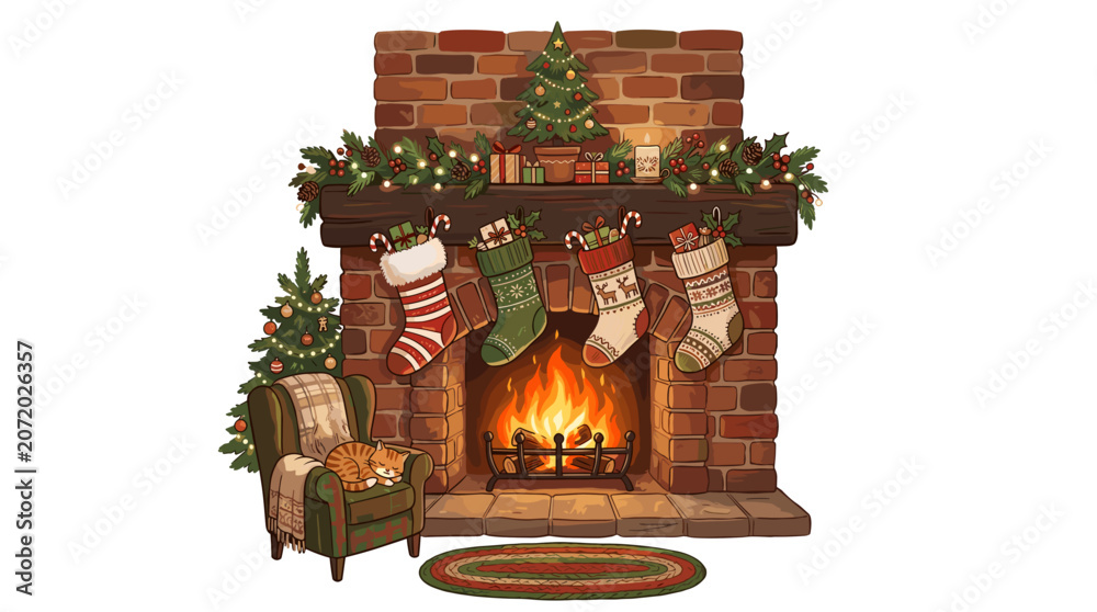 Fototapeta premium Cozy christmas fireplace scene with stockings and a sleeping cat
