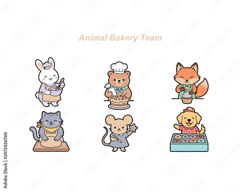 Fototapeta premium Cute Animal Bakery - Kawaii Chef Baking Vector Sticker Collection