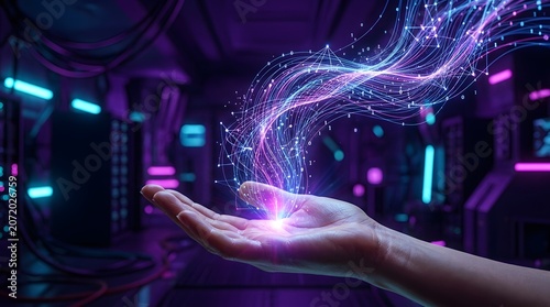 Futuristic digital energy flowing from human hand, glowing fiber optic data particles in server room, high tech artificial intelligence concept