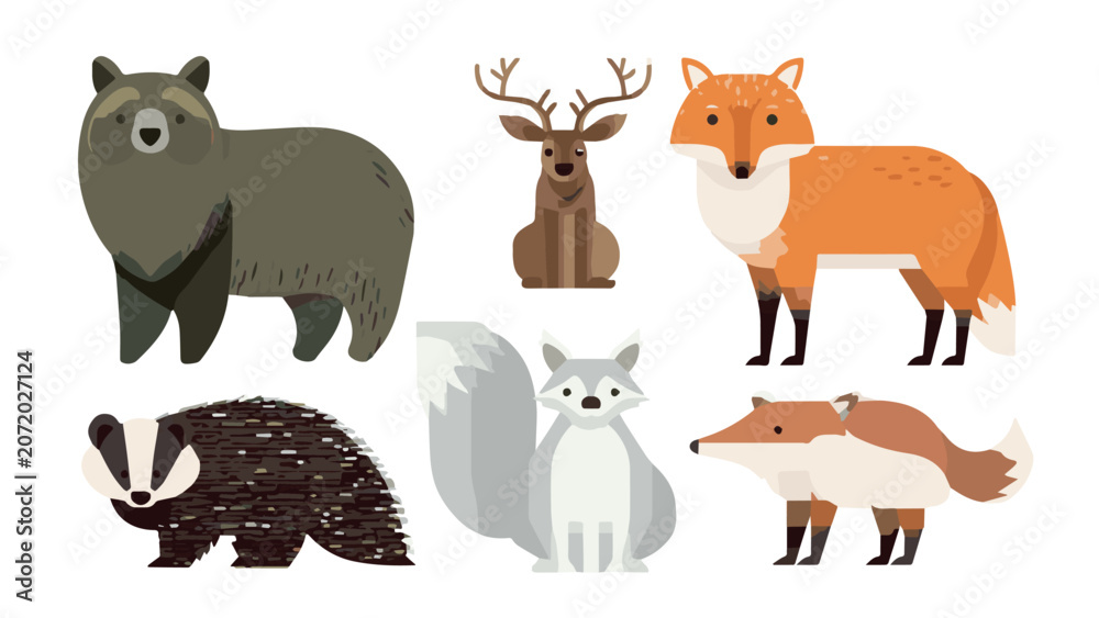 Fototapeta premium Collection of Various Wild Animals Including Bear Deer Fox and More.