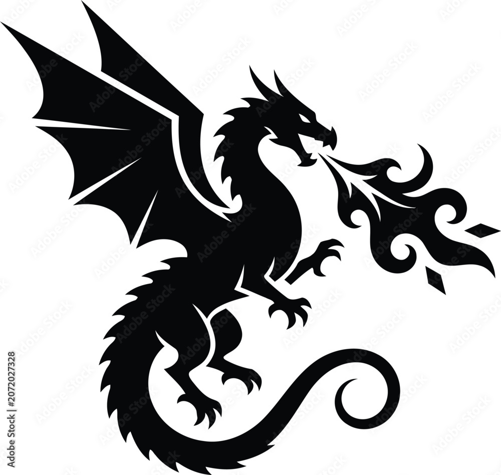Fototapeta premium Majestic dragon breathing fire black silhouette graphic art vector