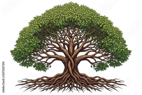 Large green tree with sprawling roots isolated on white background