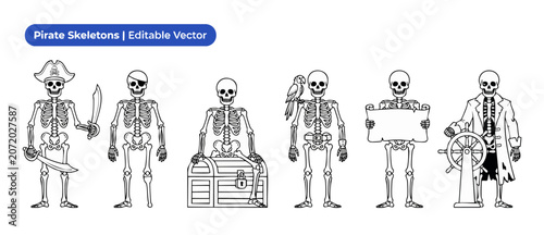 Quadro su tela Skeleton pirate vector line art character set standing with pirate hat, treasure chest, cutlass sword, and parrot for spooky Halloween coloring book pages, isolated black ink outline graphic