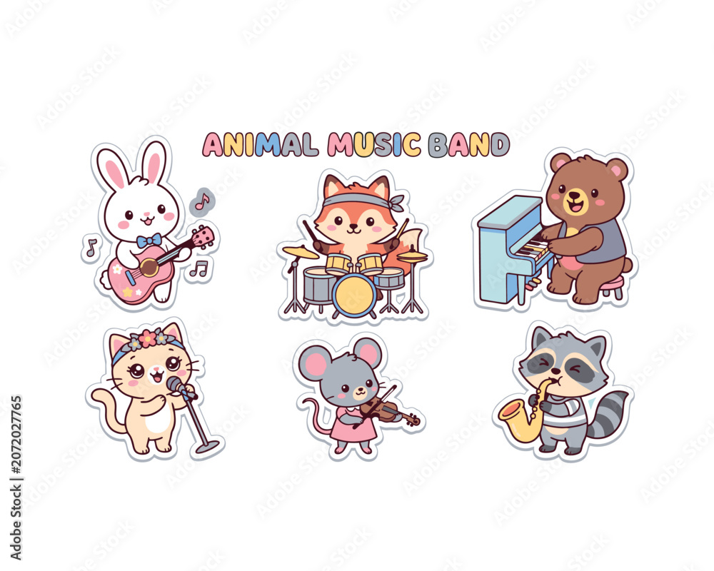 Fototapeta premium Kawaii Music Animals - Cute Animal Band Vector Sticker Pack