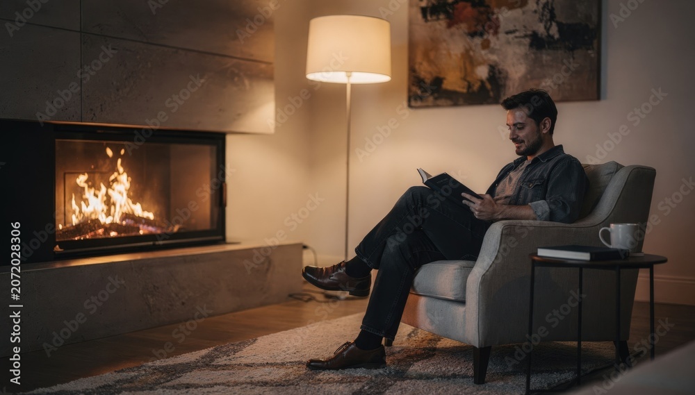 Obraz premium Elegant lounge corner with a resident absorbed in a book beside a stylish fireplace the warm flames delicately blurred directing attention to the main subject.