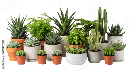 Collection of diverse potted succulents and cacti in natural bright light
