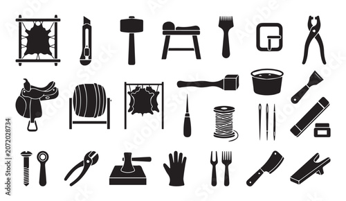 Schilderij op canvas Leathercraft and saddlery tool icon set with leathercraft saddlery handmade