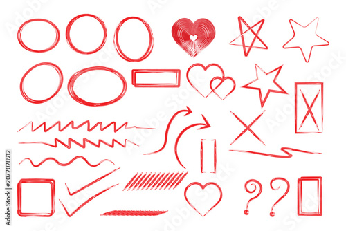Correction elements and scribble shapes in red hand-drawn marker brush style