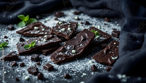 Chocolate bark broken into pieces, dramatic food styling