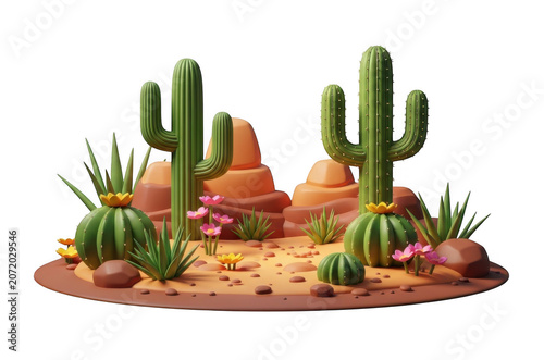 3d desert cactus garden scene with sandy terrain and vibrant plants
