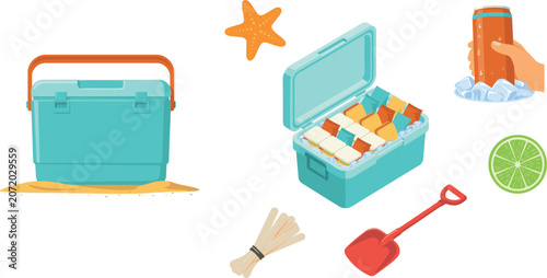 Quadro su tela Beach picnic cooler box set with cold drinks ice starfish lime and shovel vector