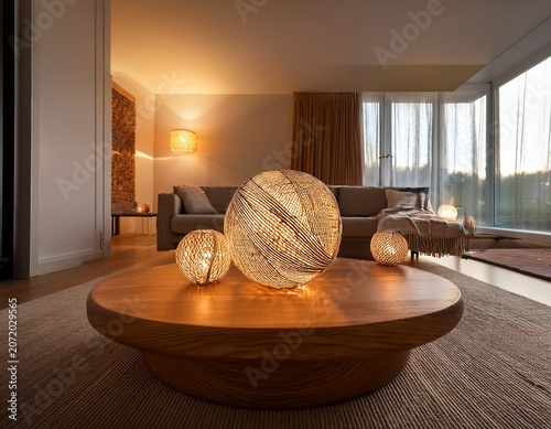 a warmly lit interior scene features glowing spherical lights arranged on a wooden coffee table creating a cozy atmosphere