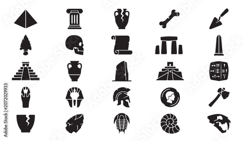 Photos Set of historical artifacts and ancient world icons with archaeology, artifacts