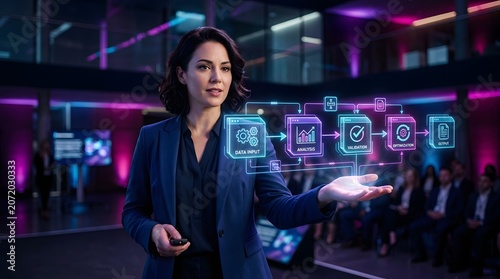 Futuristic business woman presenting digital hologram interface, professional female executive using virtual data visualization, high-tech corporate presentation