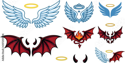 Принти на полотні Angel and devil wings set with halo and horns, good and evil vector cartoon illu