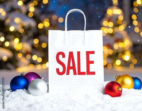 Colorful sale sign with shopping cart and gift boxes on snow.